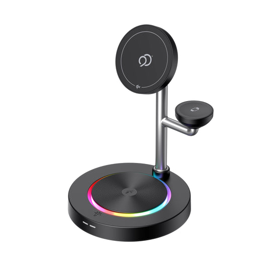 Nimbus9 TrioStand 3-in-1 Qi2 Wireless Charging Stand with Ambient Lighting MagSafe Compatible for Phone  Earbuds & Smartwatch - Black