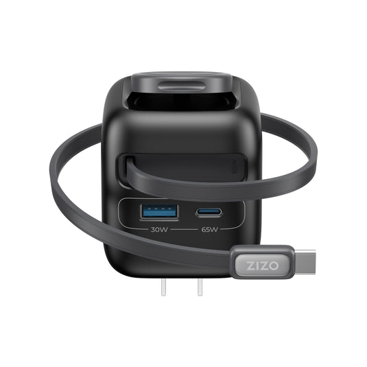 ZIZO PowerVault Cube 65W GaN Travel Charger with Smartwatch Dock  Retractable Cable, and Multi-Port Fast Charging - Space Black