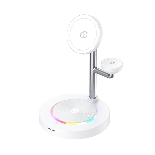 Nimbus9 TrioStand 3-in-1 Qi2 Wireless Charging Stand with Ambient Lighting MagSafe Compatible for Phone  Earbuds & Smartwatch - White