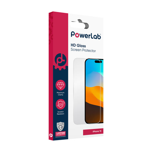 PowerLab HD Glass Screen Protector for iPhone 15 - Clear