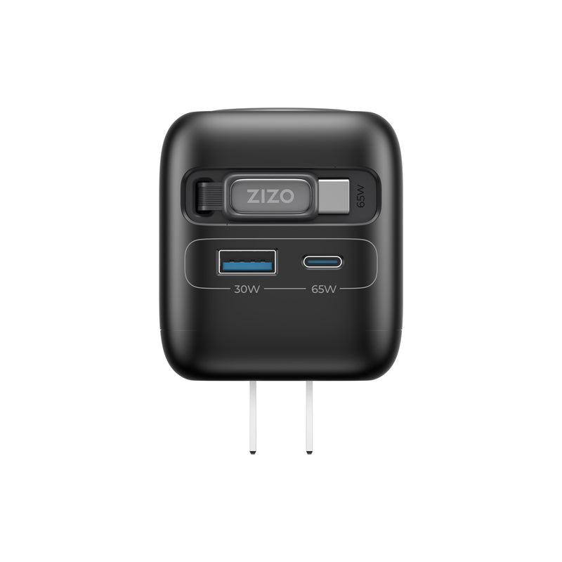 Load image into Gallery viewer, ZIZO PowerVault Cube 65W GaN Travel Charger with Smartwatch Dock  Retractable Cable, and Multi-Port Fast Charging - Space Black
