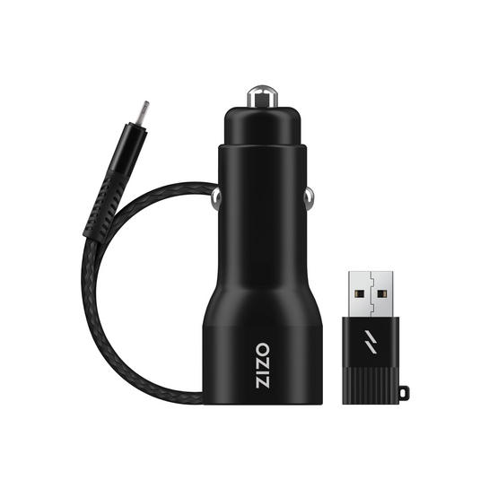 ZIZO PowerVault Bundle Car Charger + Type C to C Cable + USB to Type C Adapter - Black