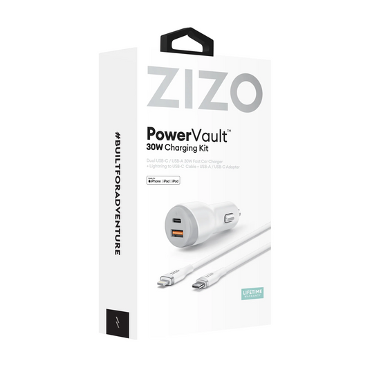 ZIZO PowerVault 30W Dual Port Car Charger Bundle + Lightning to USB-C Cable + USB-A Adapter - White