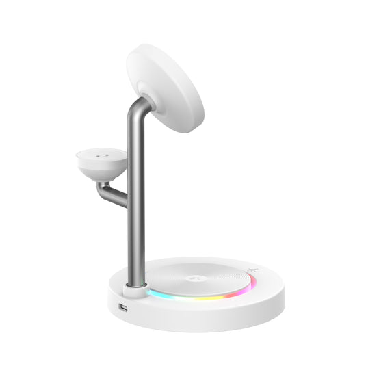 Nimbus9 TrioStand 3-in-1 Qi2 Wireless Charging Stand with Ambient Lighting MagSafe Compatible for Phone  Earbuds & Smartwatch - White