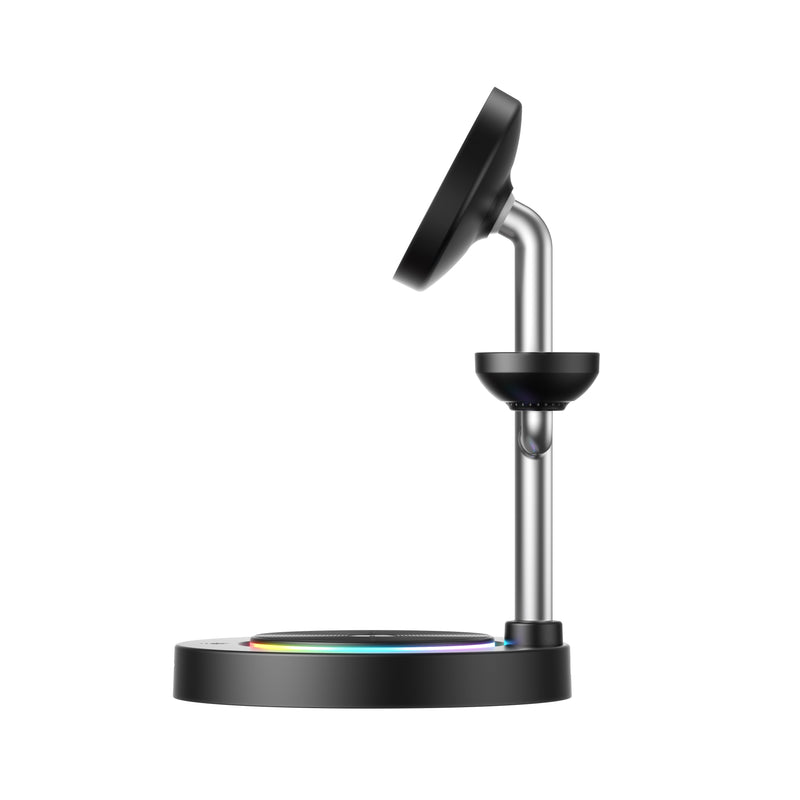 Load image into Gallery viewer, Nimbus9 TrioStand 3-in-1 Qi2 Wireless Charging Stand with Ambient Lighting MagSafe Compatible for Phone  Earbuds &amp; Smartwatch - Black
