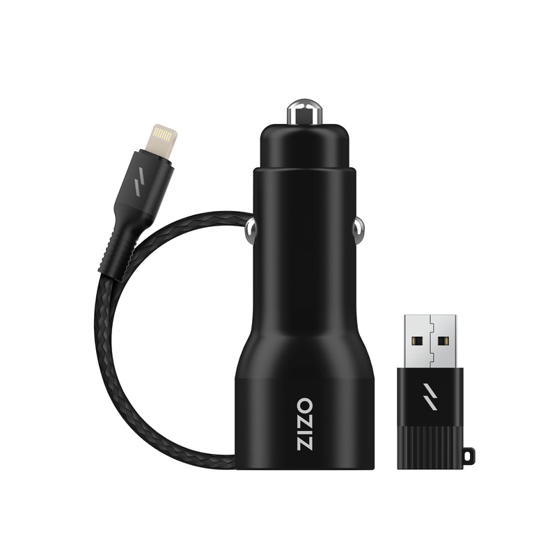 Load image into Gallery viewer, ZIZO PowerVault Bundle Car Charger + Type C to Lightning Cable + USB to Type C Adapter - Black
