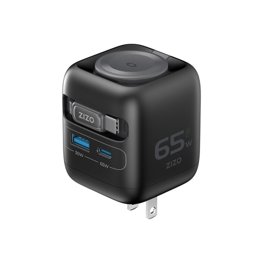 ZIZO PowerVault Cube 65W GaN Travel Charger with Smartwatch Dock  Retractable Cable, and Multi-Port Fast Charging - Space Black