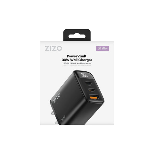 ZIZO PowerVault 30W Dual USB-C + USB-A Wall Charger with Digital Power Display - Black