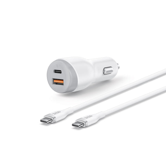 ZIZO PowerVault 30W Dual Port Car Charger Bundle + USB-C Cable + USB-A Adapter - White