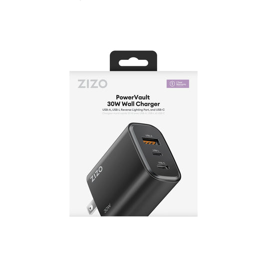 ZIZO PowerVault 30W USB-C + USB-A + Reverse Lightning Port Wall Charger - Black