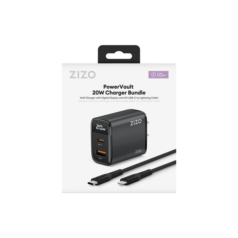 Load image into Gallery viewer, ZIZO PowerVault 20W Charger Bundle with 4FT Braided Nylon USB-C to Lightning Cable - Black
