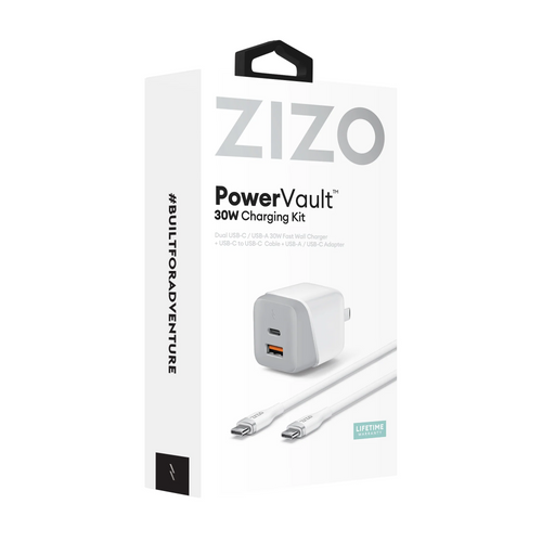 ZIZO PowerVault 30W Dual Port Wall Charger Bundle + USB-C Cable + USB-A Adapter - White