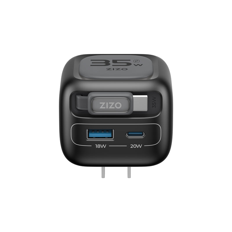 Load image into Gallery viewer, ZIZO PowerVault Cube 35W GaN Travel Charger with Retractable USB-C Cable and Multi-Port Charging - Space Black

