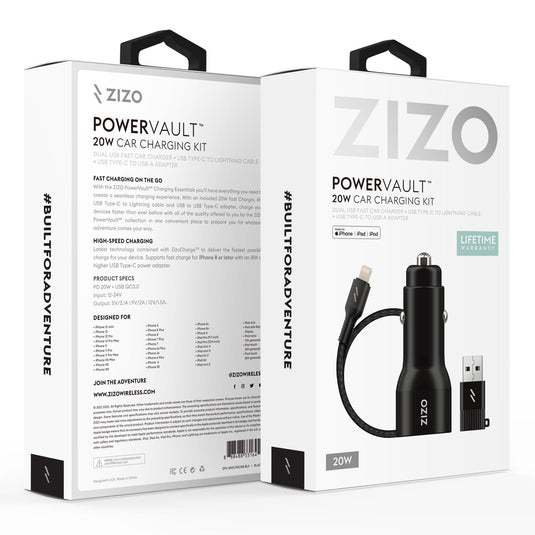 ZIZO PowerVault Bundle Car Charger + Type C to Lightning Cable + USB to Type C Adapter - Black