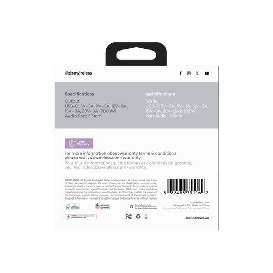 ZIZO Pulse USB-C to 3.5mm Audio Adapter with Charging Passthrough - White