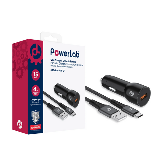 PowerLab 2in1 Bundle 15W USB-A Car Charger with 4ft USB-A to C Cable - Black