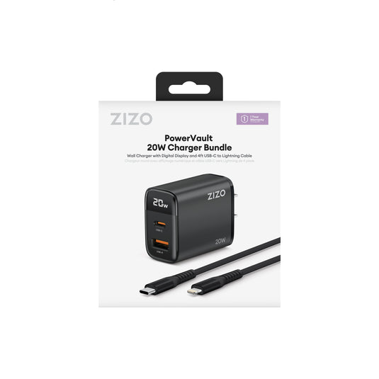 ZIZO PowerVault 20W Charger Bundle with 4FT Braided Nylon USB-C to Lightning Cable - Black