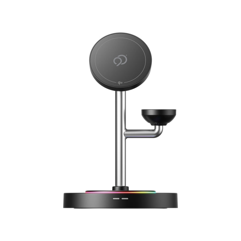 Load image into Gallery viewer, Nimbus9 TrioStand 3-in-1 Qi2 Wireless Charging Stand with Ambient Lighting MagSafe Compatible for Phone  Earbuds &amp; Smartwatch - Black
