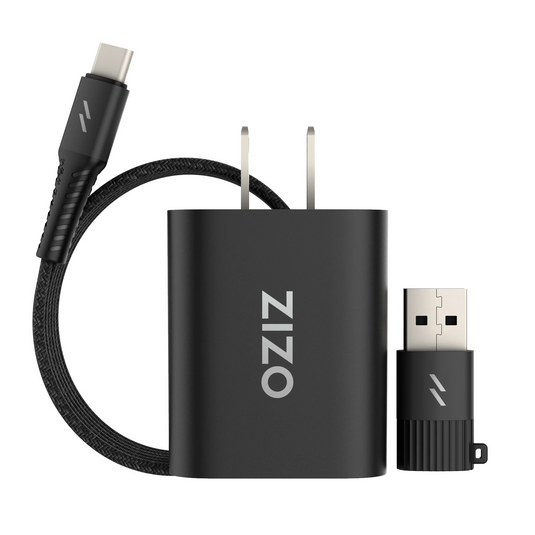 ZIZO PowerVault Bundle Travel Charger + Type C to C Cable + USB to Type C Adapter - Black