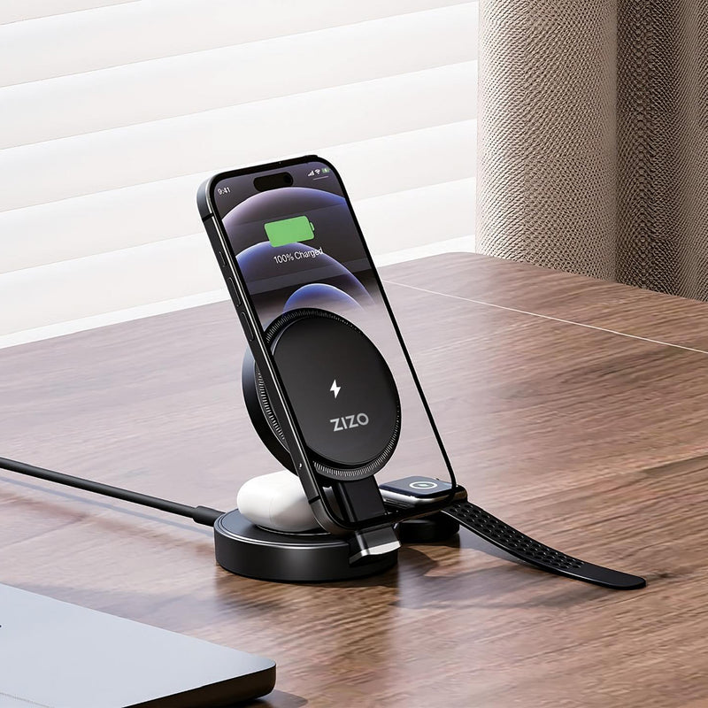 Load image into Gallery viewer, ZIZO PowerVault Fold Pro 3-in-1 MagSafe Charging Station with Adjustable Stand - Champagne
