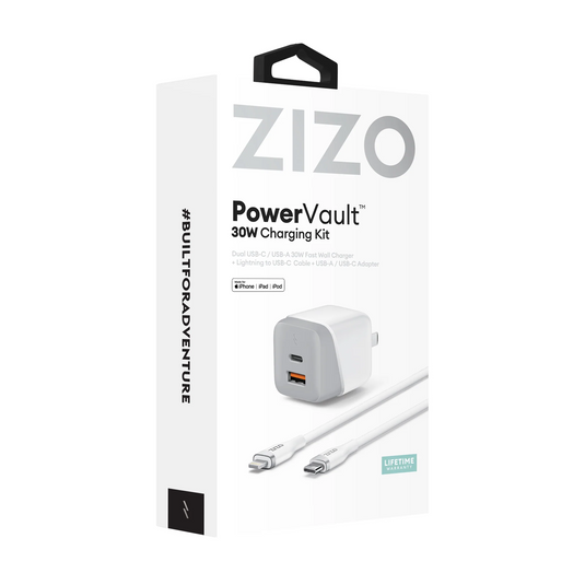 ZIZO PowerVault 30W Dual Port Wall Charger Bundle + Lightning to USB-C Cable + USB-A Adapter - White
