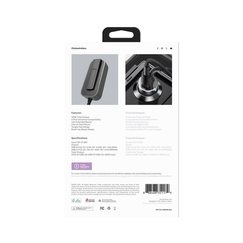 Load image into Gallery viewer, ZIZO PowerVault 4-Port Car Charging Hub with Extended Reach (100W) - Black
