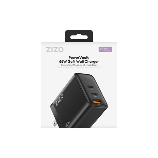 ZIZO PowerVault 65W GaN Dual USB-C + USB-A Wall Charger with Digital Power Display - Black