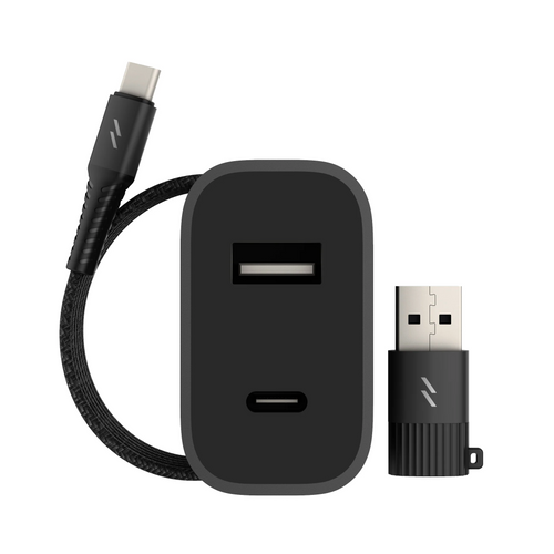 ZIZO PowerVault Bundle Travel Charger + Type C to Lightning Cable + USB to Type C Adapter - Black