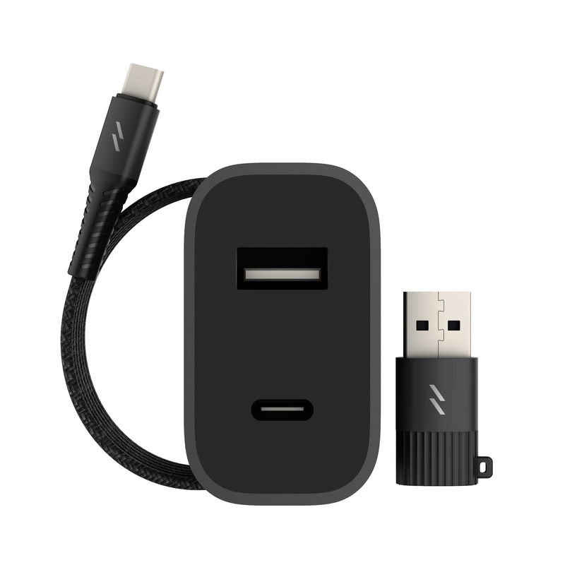 Load image into Gallery viewer, ZIZO PowerVault Bundle Travel Charger + Type C to Lightning Cable + USB to Type C Adapter - Black
