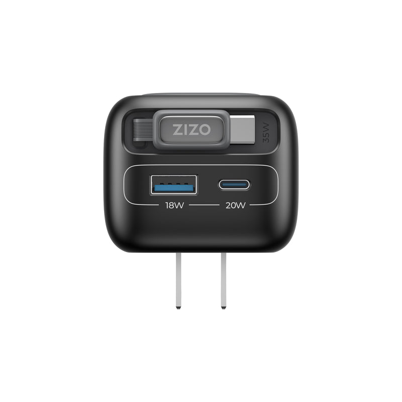 Load image into Gallery viewer, ZIZO PowerVault Cube 35W GaN Travel Charger with Retractable USB-C Cable and Multi-Port Charging - Space Black
