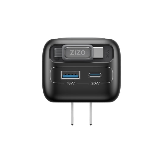 ZIZO PowerVault Cube 35W GaN Travel Charger with Retractable USB-C Cable and Multi-Port Charging - Space Black