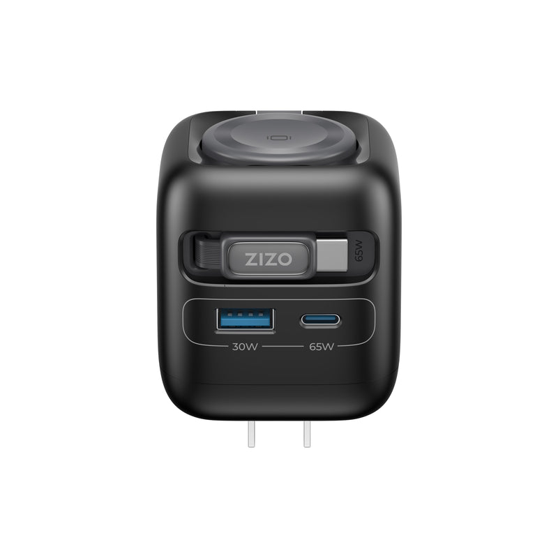 Load image into Gallery viewer, ZIZO PowerVault Cube 65W GaN Travel Charger with Smartwatch Dock  Retractable Cable, and Multi-Port Fast Charging - Space Black
