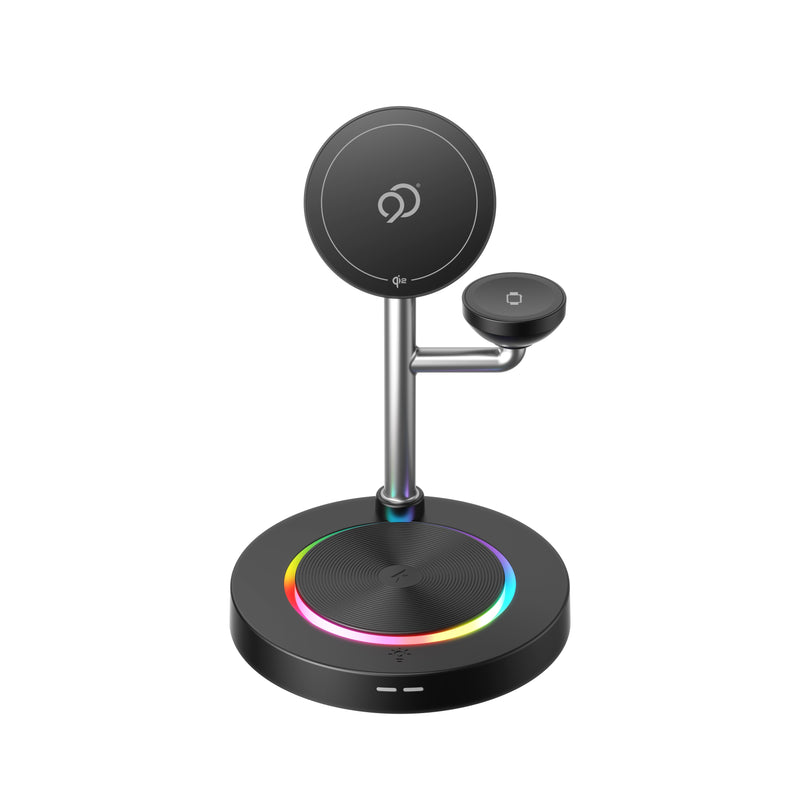 Load image into Gallery viewer, Nimbus9 TrioStand 3-in-1 Qi2 Wireless Charging Stand with Ambient Lighting MagSafe Compatible for Phone  Earbuds &amp; Smartwatch - Black
