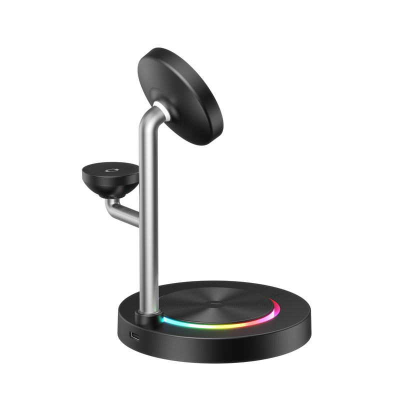 Load image into Gallery viewer, Nimbus9 TrioStand 3-in-1 Qi2 Wireless Charging Stand with Ambient Lighting MagSafe Compatible for Phone  Earbuds &amp; Smartwatch - Black
