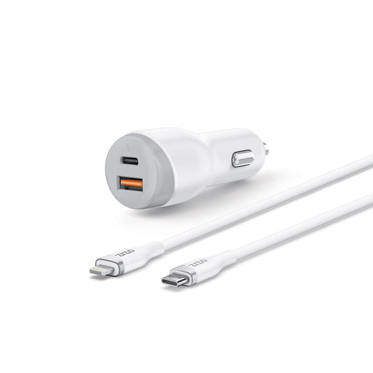 ZIZO PowerVault 30W Dual Port Car Charger Bundle + Lightning to USB-C Cable + USB-A Adapter - White