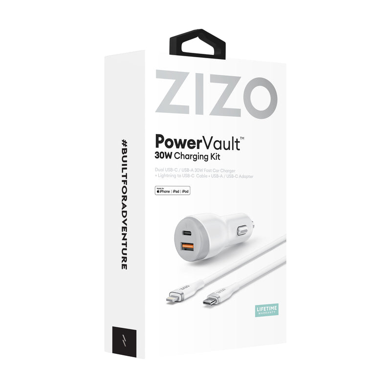 Load image into Gallery viewer, ZIZO PowerVault 30W Dual Port Car Charger Bundle + Lightning to USB-C Cable + USB-A Adapter - White
