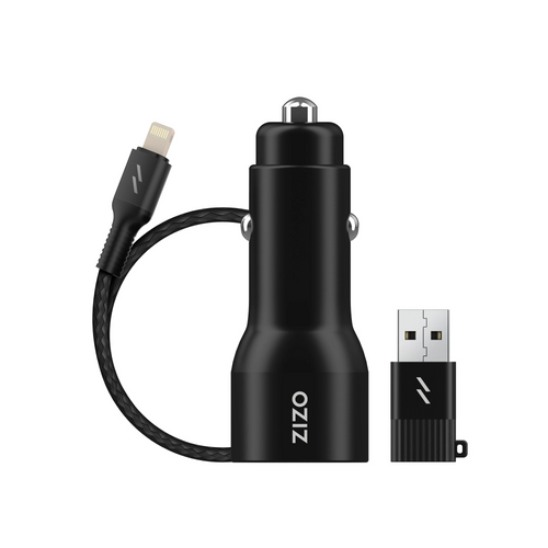 ZIZO PowerVault Bundle Car Charger + Type C to Lightning Cable + USB to Type C Adapter - Black