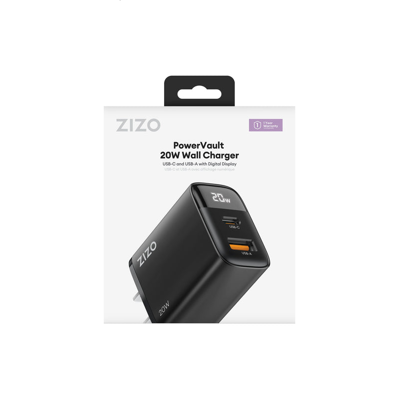 Load image into Gallery viewer, ZIZO PowerVault 20W USB-C + USB-A Wall Charger with Digital Power Display - Black
