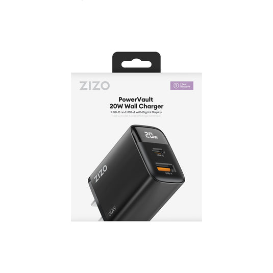 ZIZO PowerVault 20W USB-C + USB-A Wall Charger with Digital Power Display - Black