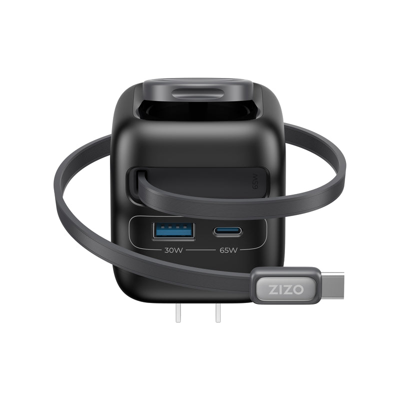 Load image into Gallery viewer, ZIZO PowerVault Cube 65W GaN Travel Charger with Smartwatch Dock  Retractable Cable, and Multi-Port Fast Charging - Space Black
