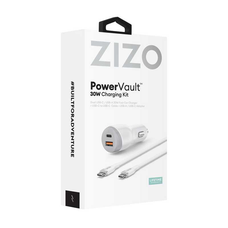 Load image into Gallery viewer, ZIZO PowerVault 30W Dual Port Car Charger Bundle + USB-C Cable + USB-A Adapter - White
