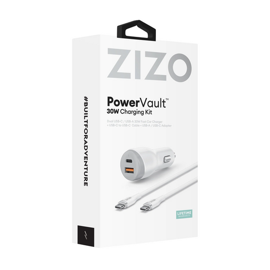 ZIZO PowerVault 30W Dual Port Car Charger Bundle + USB-C Cable + USB-A Adapter - White