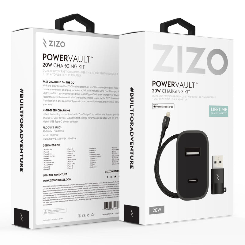 Load image into Gallery viewer, ZIZO PowerVault Bundle Travel Charger + Type C to Lightning Cable + USB to Type C Adapter - Black
