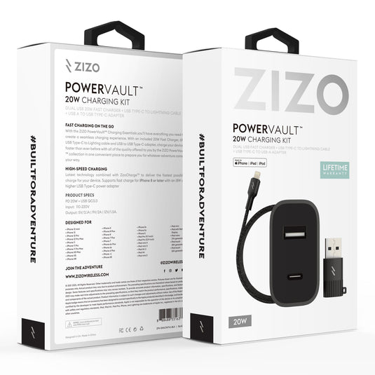 ZIZO PowerVault Bundle Travel Charger + Type C to Lightning Cable + USB to Type C Adapter - Black