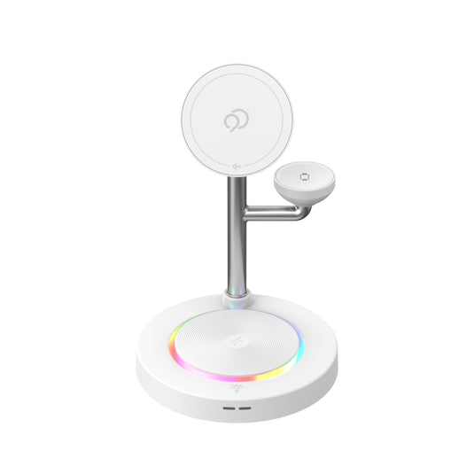 Nimbus9 TrioStand 3-in-1 Qi2 Wireless Charging Stand with Ambient Lighting MagSafe Compatible for Phone  Earbuds & Smartwatch - White