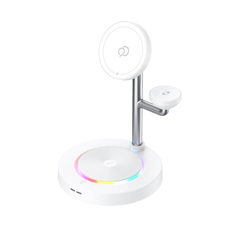 Load image into Gallery viewer, Nimbus9 TrioStand 3-in-1 Qi2 Wireless Charging Stand with Ambient Lighting MagSafe Compatible for Phone  Earbuds &amp; Smartwatch - White
