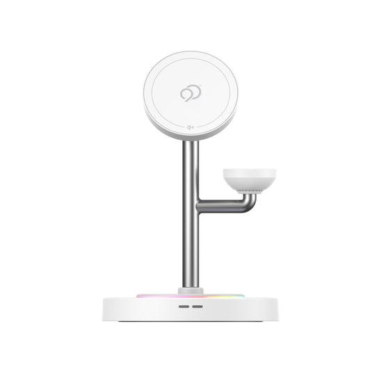 Nimbus9 TrioStand 3-in-1 Qi2 Wireless Charging Stand with Ambient Lighting MagSafe Compatible for Phone  Earbuds & Smartwatch - White
