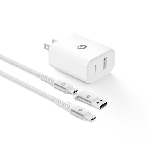 PowerLab 32W Dual Port Wall Charger Bundle + USB-C Cable + USB-A Adapter - White