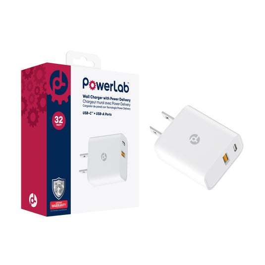 PowerLab 32W Dual Port USB-C / USB-A Wall Charger - White